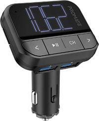 Promate Car FM Transmitter, Wireless In-Car Radio Adapter Kit with Dual USB Ports, Hands-Free Calling, AUX Port, TF Card Slot, LED Display, Multiple EQ Modes and Remote Control for Smartphones, EzFM-2