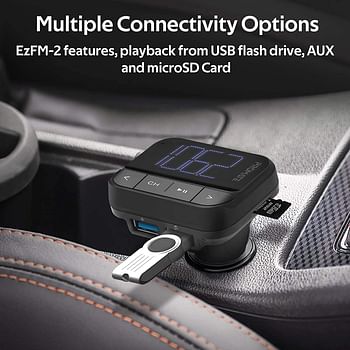 Promate Car FM Transmitter, Wireless In-Car Radio Adapter Kit with Dual USB Ports, Hands-Free Calling, AUX Port, TF Card Slot, LED Display, Multiple EQ Modes and Remote Control for Smartphones, EzFM-2
