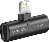 Promate Lightning Splitter Adapter, Premium 2-In-1 Lightning to Headphone Audio and Sync Charging Jack Connector with Audio Output and 2A Pass-Through Charging, iHinge-LT Black