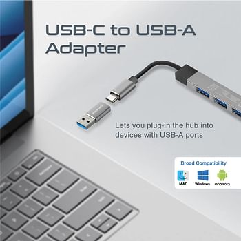 Promate USB-C Hub, 4-in-1 Type-C Sync/Charge Adapter with USB-A Adapter, 5Gbps USB 3.0 Port, 480Mbps USB 2.0 Ports and Compact Aluminum Design for MacBook Pro, Chromebook Plus, LiteHub-4 Grey
