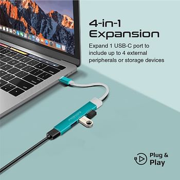 Promate USB-C Hub, 4-in-1 Type-C Sync/Charge Adapter with USB-A Adapter, 5Gbps USB 3.0 Port, 480Mbps USB 2.0 Ports and Compact Aluminum Design for MacBook Pro, Chromebook Plus, LiteHub-4 Blue