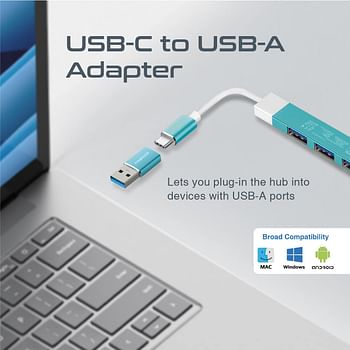 Promate USB-C Hub, 4-in-1 Type-C Sync/Charge Adapter with USB-A Adapter, 5Gbps USB 3.0 Port, 480Mbps USB 2.0 Ports and Compact Aluminum Design for MacBook Pro, Chromebook Plus, LiteHub-4 Blue