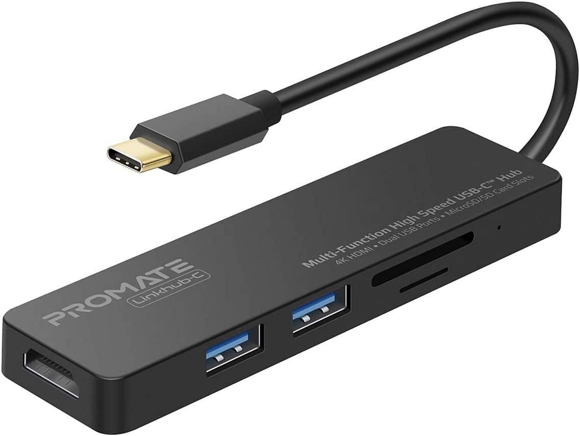 Promate USB-C Multi-Port Adapter, Portable Type-C Hub to Ultra-Fast Sync Charger Dual USB 3.0 Port, 4k USB to HDMI Port and SD/MicroSD Card Reader Slot for Type-C Laptops, LinkHub-C Black