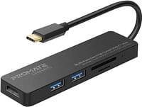 Promate USB-C Multi-Port Adapter, Portable Type-C Hub to Ultra-Fast Sync Charger Dual USB 3.0 Port, 4k USB to HDMI Port and SD/MicroSD Card Reader Slot for Type-C Laptops, LinkHub-C Black