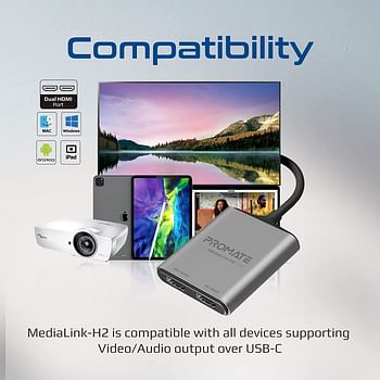 بروميت محول USB-C الى HDMI، محول UHD 4k 60hz من النوع C الى HDMI مع منافذ HDMI مزدوجة، تصميم صغير مناسب للسفر لماك بوك برو وايباد اير وسامسونج جالكسي S22 وميديالينك اتش 2