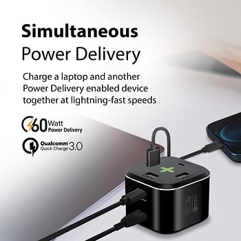 Promate USB-C Charging Station, Multi-Port Hub with 60W/20W Dual USB-C Power Delivery, 2.4A Dual USB and Quick Charge 3.0 Ports, PowerCube-PD80