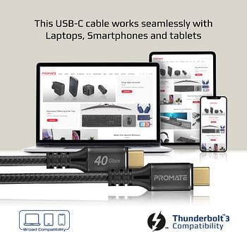 Promate USB-C Cable, Ultra-Fast 240W Power Delivery Thunderbolt 3 Cable with 8K Display Support, Nylon Braided 100cm Cord and 40Gbps Transfer Speed for All Type-C Enabled Devices, PowerBolt240-1M