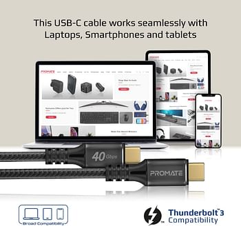 Promate USB-C Cable, Ultra-Fast 240W Power Delivery Thunderbolt 3 Cable with 8K Display Support, Nylon Braided 200cm Cord and 40Gbps Transfer Speed for All Type-C Enabled Devices, PowerBolt240-2M