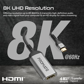 بروميت محول USB-C الى HDMI، محول HDMI UHD 8k@60hz مع نقل 48 جيجابايت في الثانية، عمر افتراضي طويل للانحناء اكثر من 10000 وتصميم مدمج لجهاز ماك بوك برو وايباد اير وجالكسي S22 وميديالينك 8K