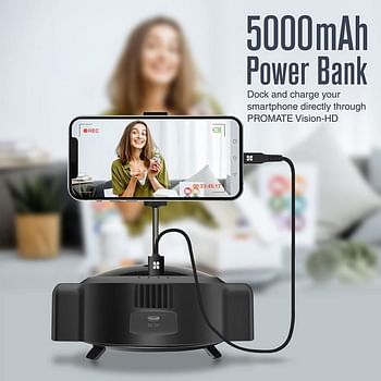Promate 1080P Web Camera, 3-In-1 Ai Auto Tracking HD Streaming Smart Webcam with Built-In 3000mAh Power Bank, Phone Holder, Microphone, LED Light, 360 Degree Rotation and USB Charging Port, Vision-HD