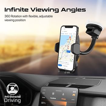 Promate Car Phone Holder, Premium Anti-Distraction Dashboard Car Phone Mount with 360-Degree Rotation, Anti-Slip Suction, Adjustable Gooseneck Arm for iPhone 14, Galaxy S22, DashMount