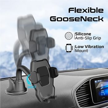 Promate Car Phone Holder, Premium Anti-Distraction Dashboard Car Phone Mount with 360-Degree Rotation, Anti-Slip Suction, Adjustable Gooseneck Arm for iPhone 14, Galaxy S22, DashMount