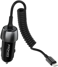 Promate Car Charger with Cable, 33W Power Delivery DC Charger with Built-In Lightning Charging Coiled Cord, USB-C Port and Heat-Resistance, PowerDrive-33PDI