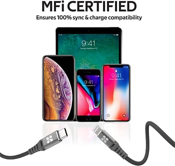 Promate MFi Certified USB-C to Lightning Cable, 3A Fast Charging Syncing Nylon Braided Cord with 27W Power Delivery and Anti-Tangle 2m Cable for iPhone, iPad Pro, iPod, MacBook Pro,PowerCord-200