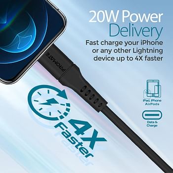 Promate USB-C to Lightning Cable - Fast-Charging 20W Power Delivery Type-C to Lightning Soft Silicone Cord with 480 Mbps Data Sync and 300 cm Anti-Tangle Cable for iPhone 13, 12 - PowerLink-300 - Blue