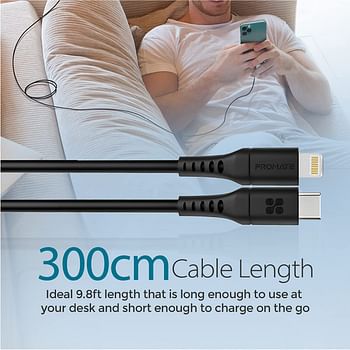 Promate USB-C to Lightning Cable, Fast-Charging 20W Power Delivery Type-C to Lightning Soft Silicone Cord with 480 Mbps Data Sync and 300 cm Anti-Tangle Cable for iPhone 13, 12, PowerLink-300