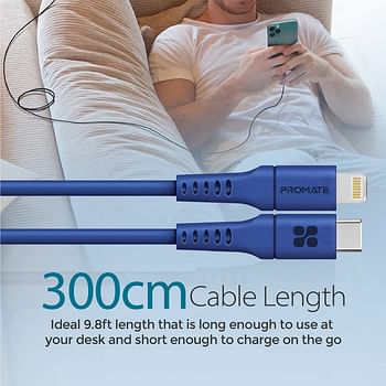 Promate USB-C to Lightning Cable, Fast-Charging 20W Power Delivery Type-C to Lightning Soft Silicone Cord with 480 Mbps Data Sync and 200 cm Anti-Tangle Cable for iPhone 13, 12, PowerLink-200