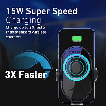 Promate Wireless Car Charger Mount, 15W Qi Fast Charging Auto-Clamping Dashboard Air Vent Phone Holder with Smart Coil Alignment, FOD Detection and Multi-Angle SupportPowerMount-15W