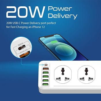 Promate Power Strip with USB Charging Ports, Universal 10 AC Outlets Surge Protect Extension with 20W USB-C Power Delivery Port, 18W QC 3.0 Port, 4 USB IntelliCharge Ports, PowerMatrix-3M UK PLUG