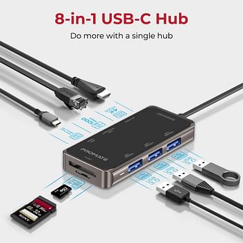 Promate USB-C Hub, Multi-Functional 8-in-1 Type-C Adapter with 100W USB-C Power Delivery Port, 4K HDMI, TF/SD Card Slot, RJ45 Port and 3 USB 3.0 Sync Charge Ports for MacBook Pro, XPS, PrimeHub-Mini