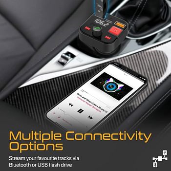جهاز إرسال FM لاسلكي من بروميت وجهاز إرسال بلوتوث V5.1 داخل السيارة مع 18 وات كوالكوم QC 3.0 ومنفذ USB-C 12 وات ومنفذ وسائط USB وميكروفون لإلغاء الضوضاء وشاشة LCD لأجهزة iPhone 14 و Galaxy S22 و PowerTune-30W