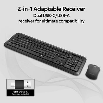 Promate Wireless Keyboard and Mouse Combo, Premium USB-C 2.4Ghz Cordless Multimedia Keyboard and 6 Button Optical Dpi Mice with Dual Interface Nano Receiver and Auto-Sleep, ProCombo-6 English
