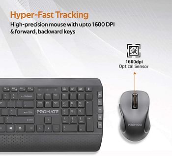 Promate Wireless Keyboard and Mouse Combo, Multimedia Full Size Wireless Keyboard and Adjustable Dpi Mouse with Palm Rest, 2.4Ghz Nano USB Receiver and Low Powered Consumption, ProCombo-10 English