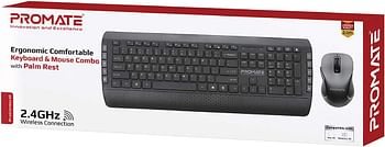 Promate Wireless Keyboard and Mouse Combo, Multimedia Full Size Wireless Keyboard and Adjustable Dpi Mouse with Palm Rest, 2.4Ghz Nano USB Receiver and Low Powered Consumption, ProCombo-10 English