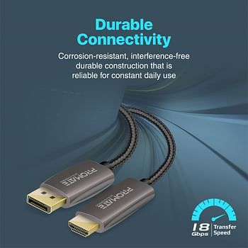 Promate DisplayPort to HDTV Moniter Cable, UHD 4K@60Hz DP to HDMI Video Display Cord with Gold Platted Connectors, 2m Nylon Braided Cable, 18Gbps Transmission Speed for iMac, Lenovo, HP,ProLink-DP-200