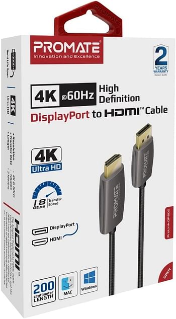 Promate DisplayPort to HDTV Moniter Cable, UHD 4K@60Hz DP to HDMI Video Display Cord with Gold Platted Connectors, 2m Nylon Braided Cable, 18Gbps Transmission Speed for iMac, Lenovo, HP,ProLink-DP-200