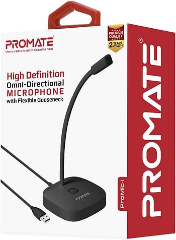 Promate USB Desktop Microphone, High Definition Omni-Directional USB Microphone with Flexible Gooseneck, Mute Touch Button, LED Indicator and Built-In Anti-Tangle Cord for PC, Gaming, ProMic-1 Black