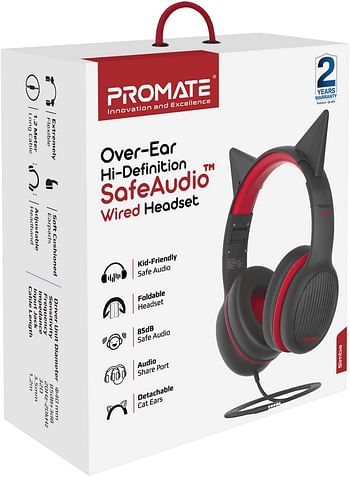 Promate Kids Headphones, On-Ear Foldable Wired Headset with Safe Volume Limited to 85dB, 3.5mm AUX Share-Port, 1.2m Tangle-Free AUX Cord, Detachable Cat Ears and Soft Earmuffs, Simba Onyx