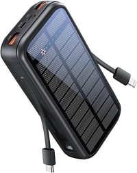 بنك الطاقة الشمسية من بروميت ، شاحن بطارية محمول 20000 مللي أمبير مع كابل مدمج 5V / 2.1A USB-C وكابلات Lightning ، وتوصيل طاقة 20W USB-C ومنافذ QC 3.0 مزدوجة لـ iPhone 13 و Galaxy S22 و SolarTank-20PDCi