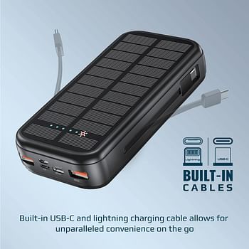 Promate Solar Power Bank, Portable 20000mAh Battery Charger with Built-in 5V/2.1A USB-C and Lightning Cables, 20W USB-C Power Delivery and Dual QC 3.0 Ports for iPhone 13, Galaxy S22, SolarTank-20PDCi