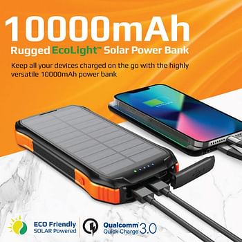 بروميت باور بانك يعمل بالطاقة الشمسية، شاحن بطارية محمول 10000mAh مع مقاومة للماء IP65، شاحن كيو اي 10 واط، توصيل طاقة USB-C 20 واط، منفذ كيو سي 3.0، منفذ USB 5 فولت/2 امبير وضوء LED 300 لومن، 10PDQi