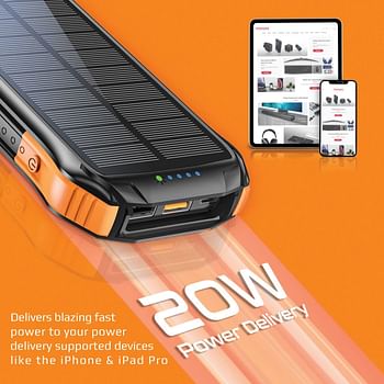 Promate Solar Power Bank, Portable 10000mAh Battery Charger with IP65 Water Resistant, 10W Qi Charger, 20W USB-C Power Delivery, QC 3.0 Port, 5V/2A USB Port and 300lm LED Light SolarTank-10PDQi