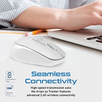 Promate 2.4G Wireless Mouse, Professional Precision Tracking Comfort Grip Mouse with USB Nano Receiver, 10m Range, 800/1200/1600 DPI Switch and 4 Functional Buttons for Mac OS, Windows, Tracker White