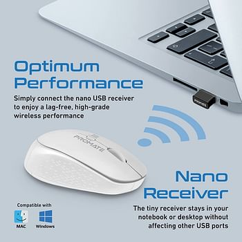 Promate 2.4G Wireless Mouse, Professional Precision Tracking Comfort Grip Mouse with USB Nano Receiver, 10m Range, 800/1200/1600 DPI Switch and 4 Functional Buttons for Mac OS, Windows, Tracker White
