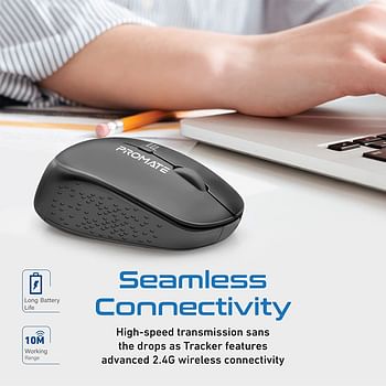 Promate 2.4G Wireless Mouse, Professional Precision Tracking Comfort Grip Mouse with USB Nano Receiver, 10m Range, 800/1200/1600 DPI Switch and 4 Functional Buttons for Mac OS, Windows, Tracker Black