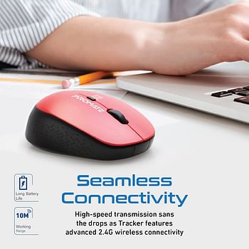Promate 2.4G Wireless Mouse, Professional Precision Tracking Comfort Grip Mouse with USB Nano Receiver, 10m Range, 800/1200/1600 DPI Switch and 4 Functional Buttons for Mac OS, Windows, Tracker Red
