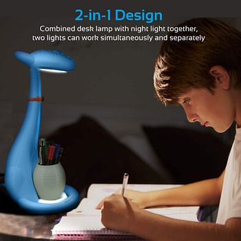 Promate Kids Night Light, Portable Pen-Holder Touch Sensitive LED Night Light with 3 Level Dimmable Reading Light, 3 Colour and 180 Degree Rotatable Neck for Studying, Reading, Table, Home, Tom Blue