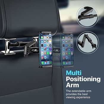 Promate Car Headrest Mount Holder, Universal 360 Degree Rotating Adjustable Phone/Tablet Holder with Extendable Aluminum Arm, Low Vibration Mount and Anti-Slip Grip for iPad Pro, iPhone 13, TripMount