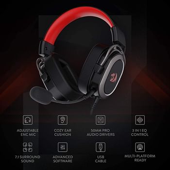 Redragon H710 Helios Wired Gaming Headset - 7.1 Surround Sound - Memory Foam Ear Pads - 50MM Drivers - Detachable Microphone - Multi Platform Headphone - Works with PC/PS4/Switch Black