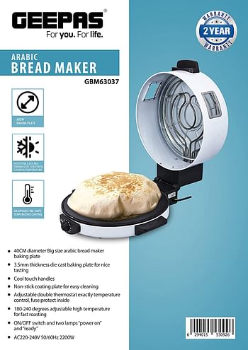 Geepas Portable Adjustable Temperature, 40cm Baking Plate Arabic Bread Maker GBm63037 Bread Maker, Silver