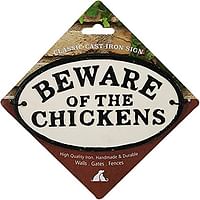 لافتة بيضاوية من الحديد الزهر مغناطيسية وفولاذية مكتوب عليها Beware of the Chicken