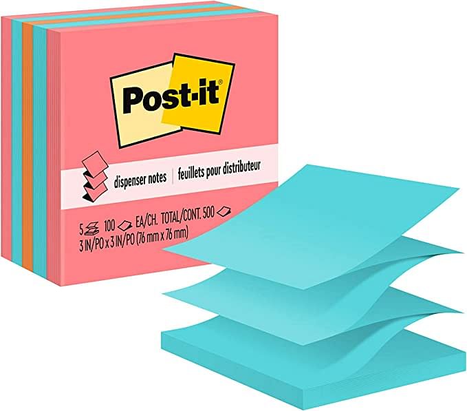 Post-It Pop Up Notes, 3" x 3", 5 Staples, America's Favorite Sticky Notes, Assorted Color, Clean Removable, Recyclable (3301-5AN)