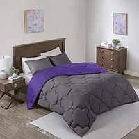 Comfort Spaces Vixie Reversible Comforter Set - Trendy Casual Geometric Quilted Cover, All Season Down Alternative Cozy Bedding, Matching Sham, Purple/Charcoal, Full/Queen 3 piece