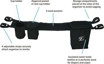 J.L. Childress Doublecool, Double-Wide Insulated Stroller Accessory Organizer And Storage, Includes Cupholder, Zipper Compartments, Mesh Pockets, And Cooler, Black