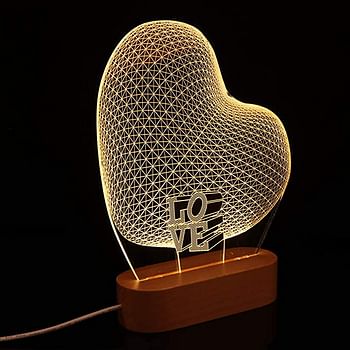 Sulfar 3D Night Light Romantic Heart Shape Illusion Lamp USB Powered Visual Lights Wooden Base Gifts for Her Girlfriends Valentines Day Wedding Anniversary