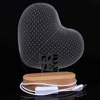 Sulfar 3D Night Light Romantic Heart Shape Illusion Lamp USB Powered Visual Lights Wooden Base Gifts for Her Girlfriends Valentines Day Wedding Anniversary